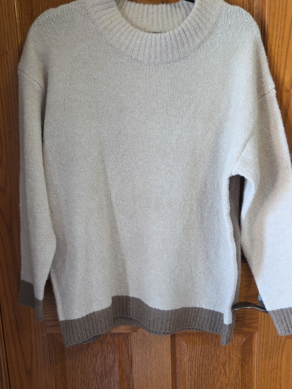 Pink Lily Classic Crewneck  Sweater in Cream with Brown Trim